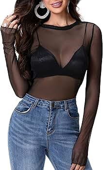 トップス object byDISCO crew neck see through top Women's Mesh Sheer Top Long Sleeve Shirt Crew Neck Basic